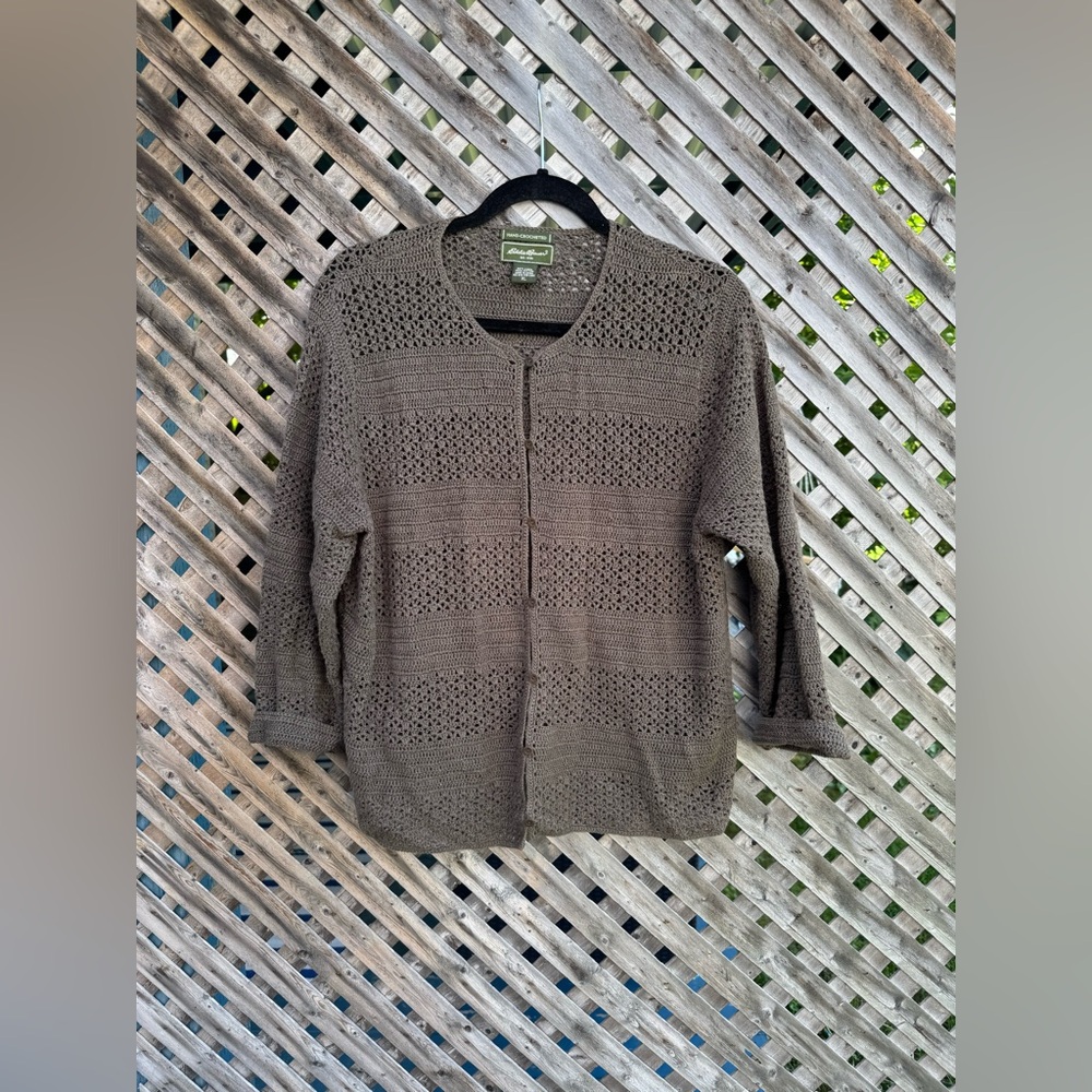 Eddie Bauer Women's Khaki Crochet Cardigan